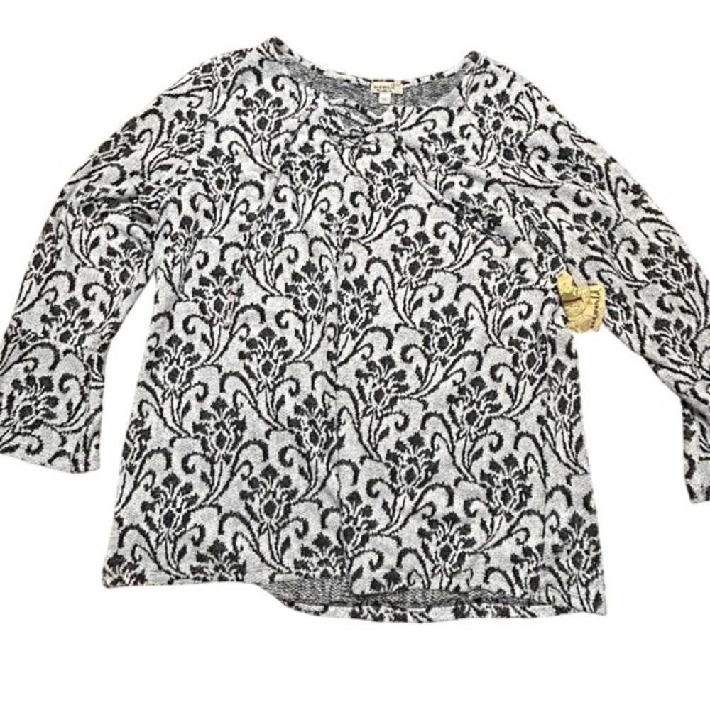 One World Lace Up Knit Sweater Black White Floral Pattern Cozy Plus Size 3X